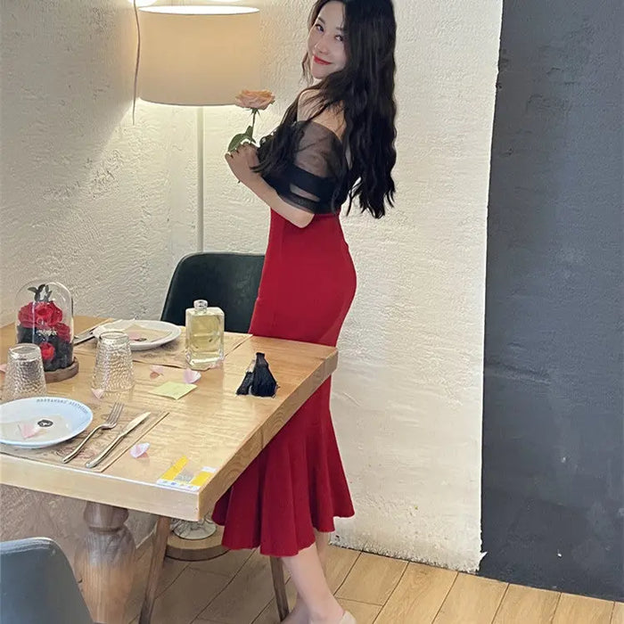 Mesh Off Shoulder Mermaid Dress fashionnsio