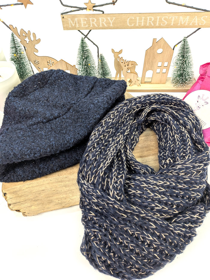 Midnight Sparkle Gift Set – Blue Teddy Hat & Gold Fleck Double Snood