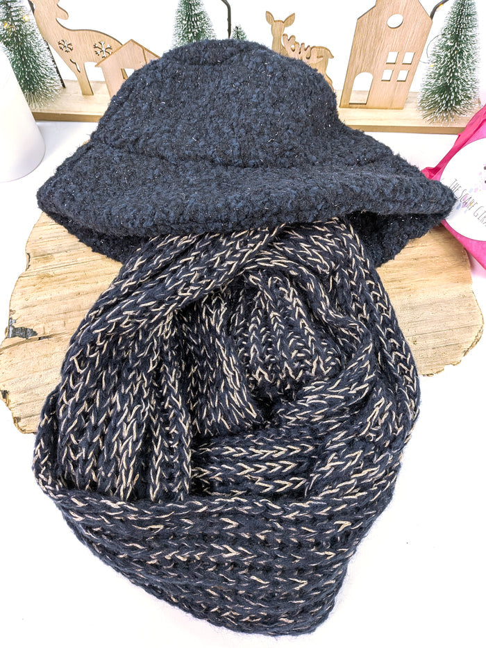 Midnight Sparkle Gift Set – Blue Teddy Hat & Gold Fleck Double Snood