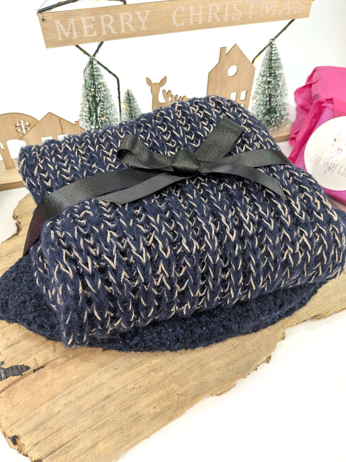 Midnight Sparkle Gift Set – Blue Teddy Hat & Gold Fleck Double Snood
