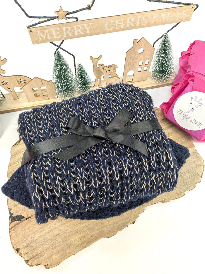 Midnight Sparkle Gift Set – Blue Teddy Hat & Gold Fleck Double Snood