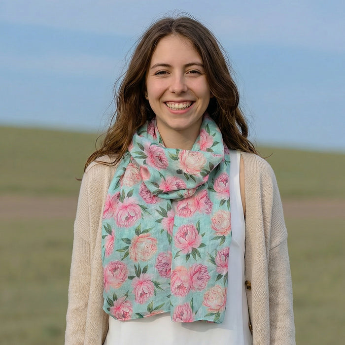 Mint Peony Scarf (50x180cm) - Exclusive Design