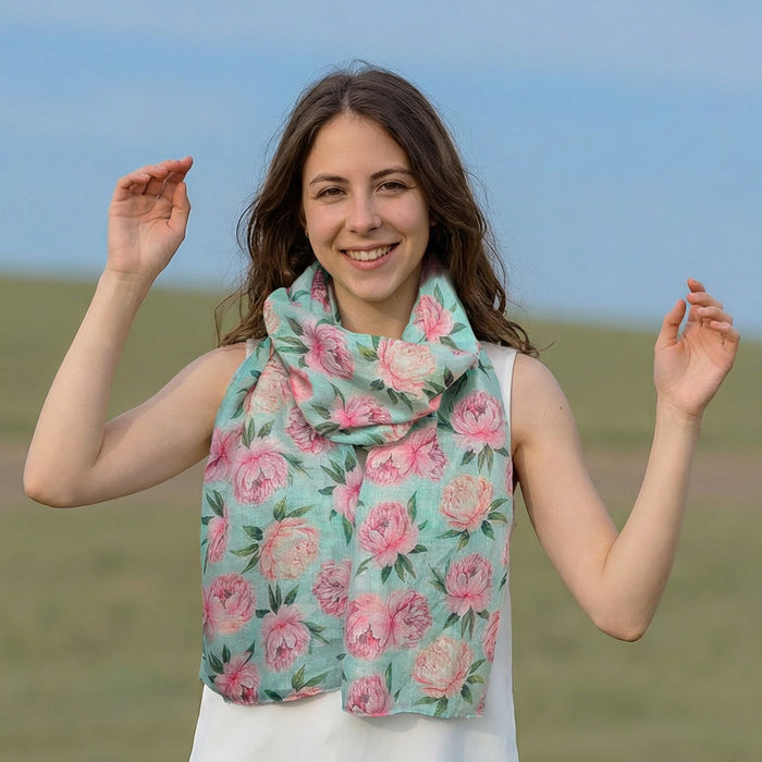 Mint Peony Scarf (50x180cm) - Exclusive Design