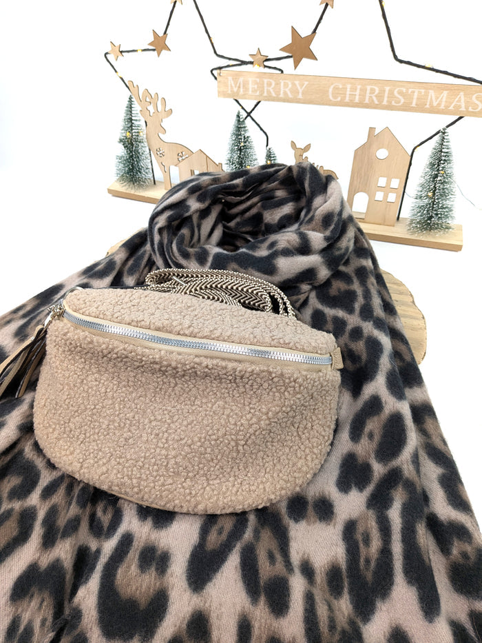 Mocha Luxe Gift Set – Animal Print Scarf & Teddy Crossbody Bag