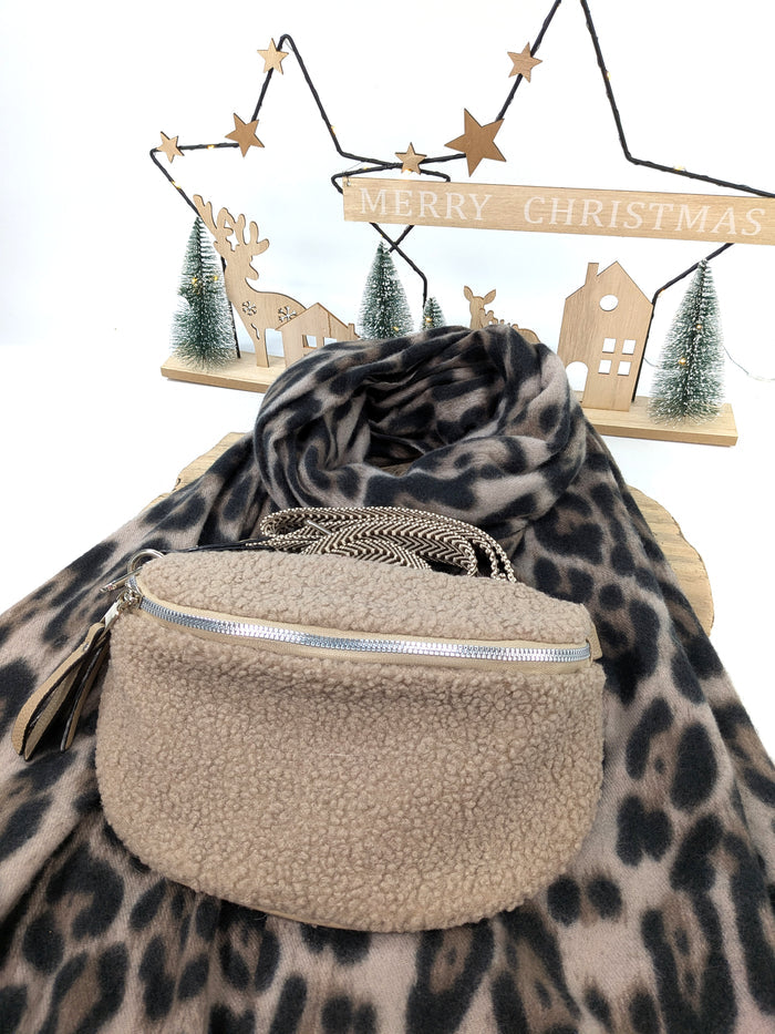 Mocha Luxe Gift Set – Animal Print Scarf & Teddy Crossbody Bag