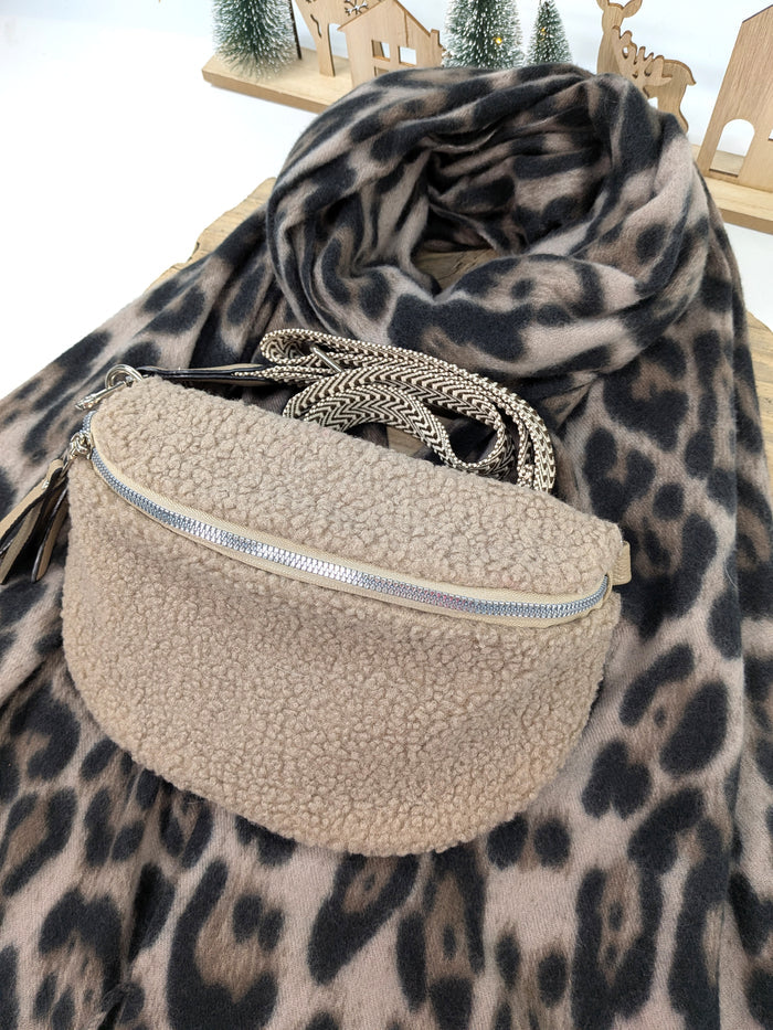 Mocha Luxe Gift Set – Animal Print Scarf & Teddy Crossbody Bag