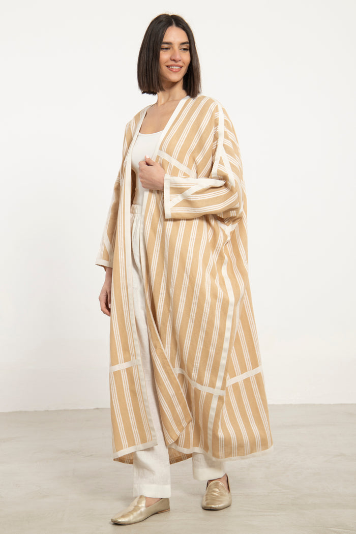 Moghrabieh Linen Beige Striped Abaya