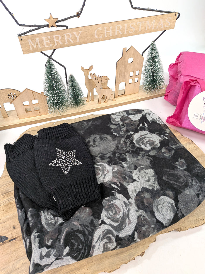 Monochrome Rose Gift Set – Scarf & Diamanté Star Fingerless Gloves