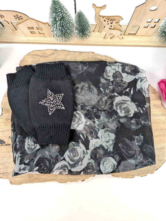 Monochrome Rose Gift Set – Scarf & Diamanté Star Fingerless Gloves