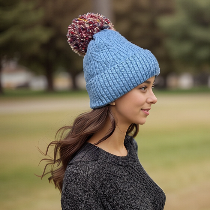 Multicoloured PomPom Knitted Hat - Denim Blue