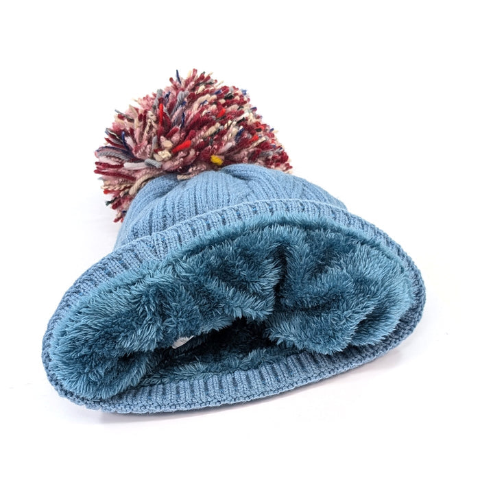 Multicoloured PomPom Knitted Hat - Denim Blue