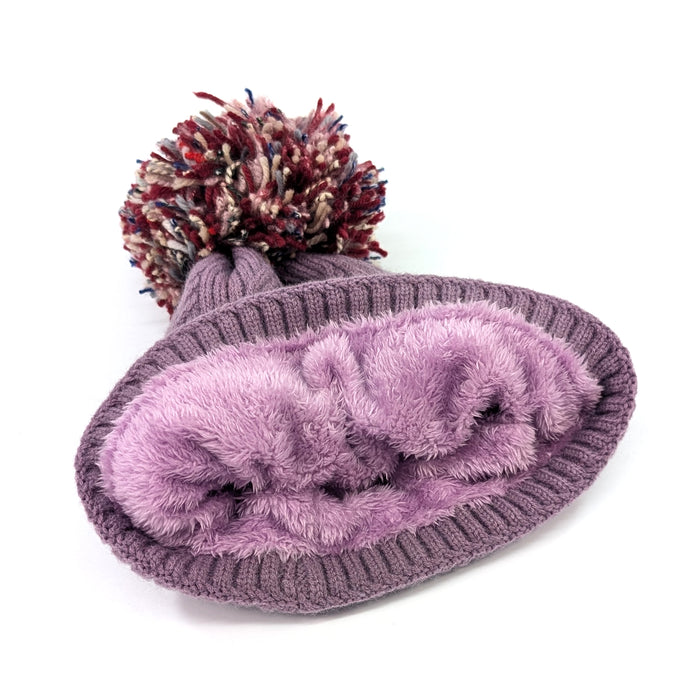 Multicoloured PomPom Knitted Hat - Purple