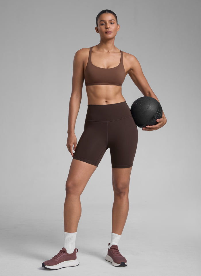 CRZ YOGA Women's Yoga Train Light Support Nakedfeel Strappy Bra Coffee Brown