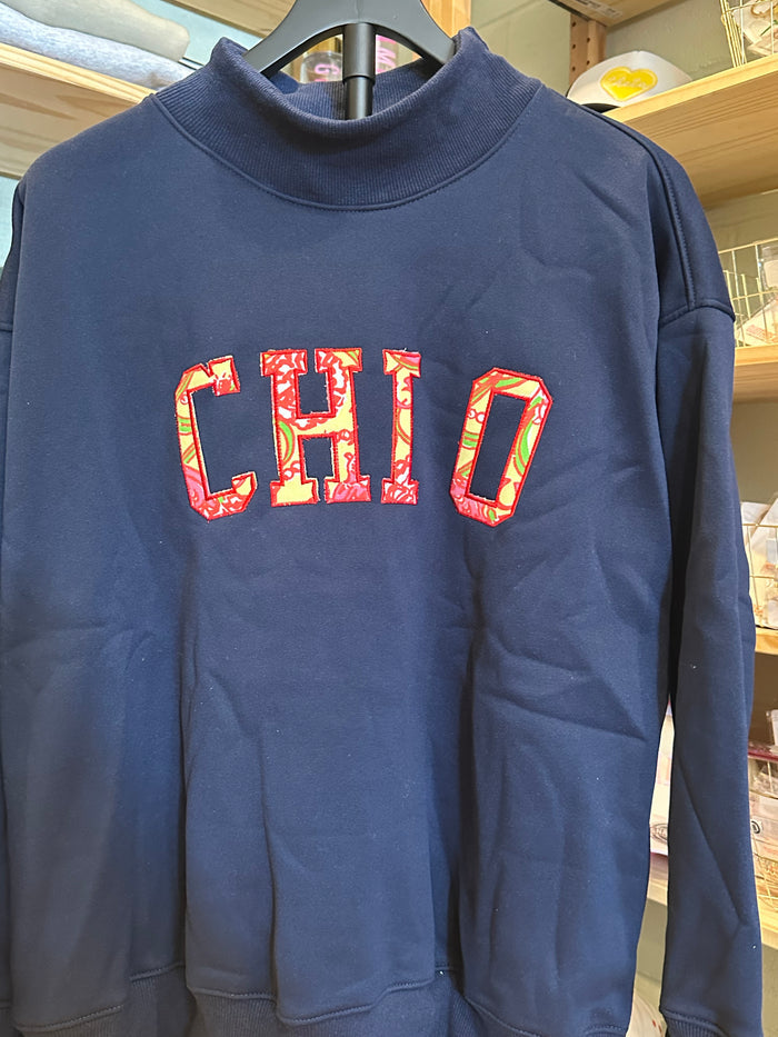 Navy Embroidered Fabric Mock Neck