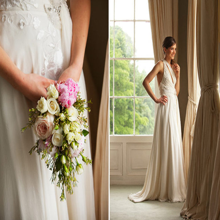 Newest Ivory Lace Appliques Beading Unqiue Asymmetric Long A-line Wedding Dress, AB1112