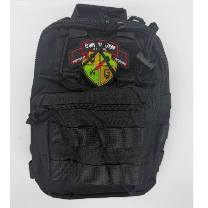 Black tactical backpack with a visible brand logo on a white background