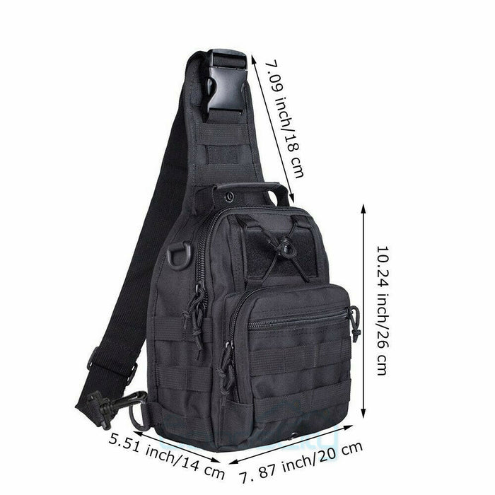 Black sling bag with measurements on a white background