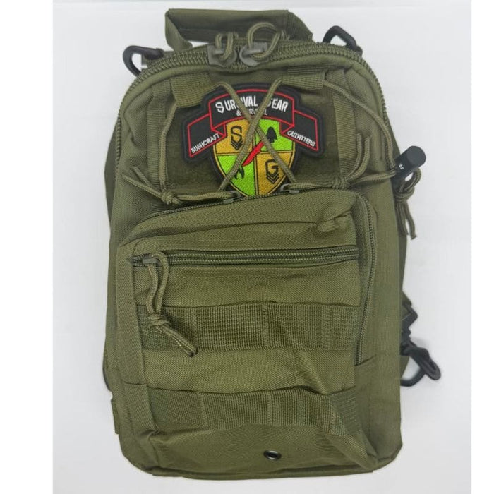 Green backpack with a visible brand logo on a white background