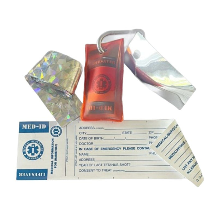 MED-ID card with a red tag and colorful ribbon on a white background