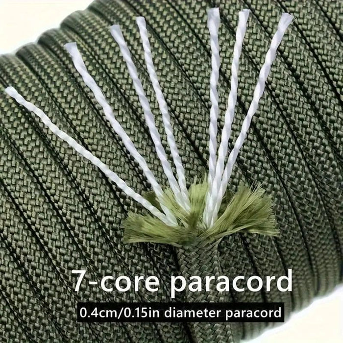 Close-up of green paracord with white cores, showing '7-core paracord' text.