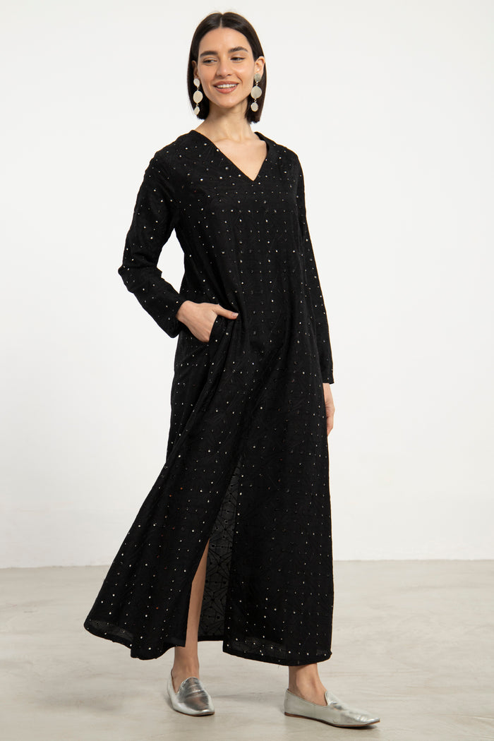 Nina Cotton Black Embroidered Dress