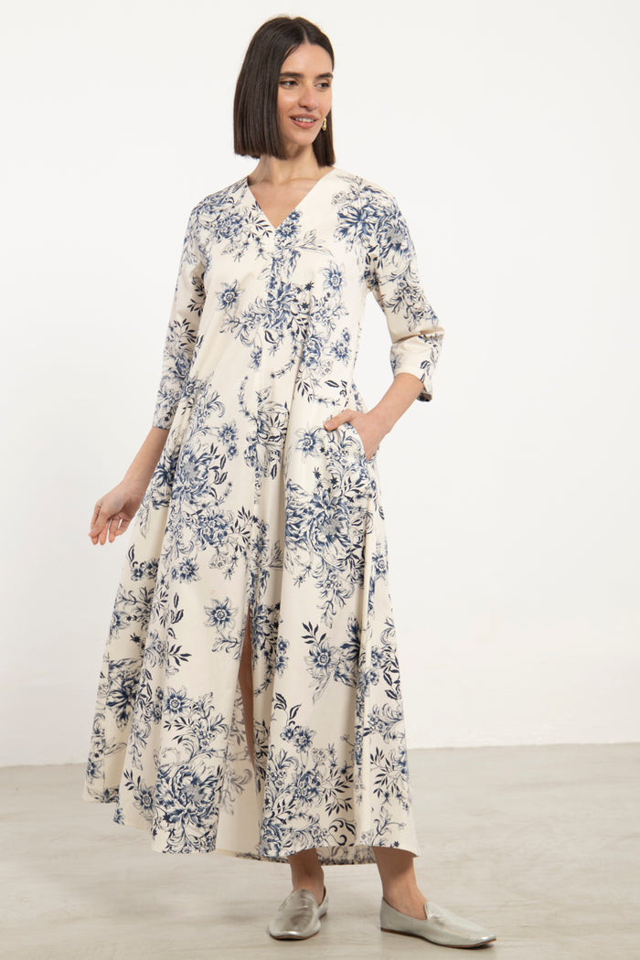 Nina Cotton Ivory Blue Dress