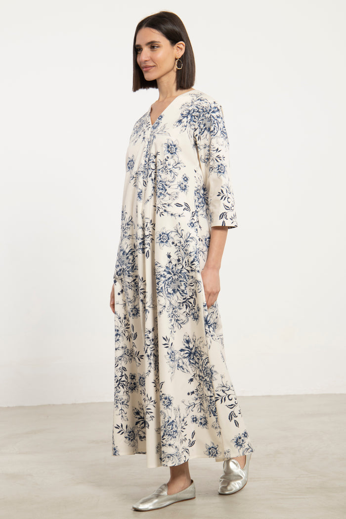 Nina Cotton Ivory Blue Dress