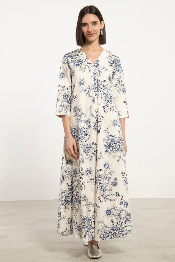 Nina Cotton Ivory Blue Dress
