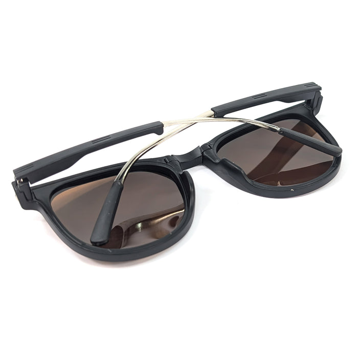 Noire - Metal Armed Foldable Sunglasses (with Case & Cleaner) - Black/Brown