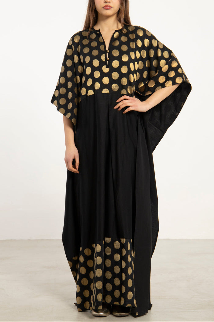 Noujoud Cotton Black & Gold Dots Dress