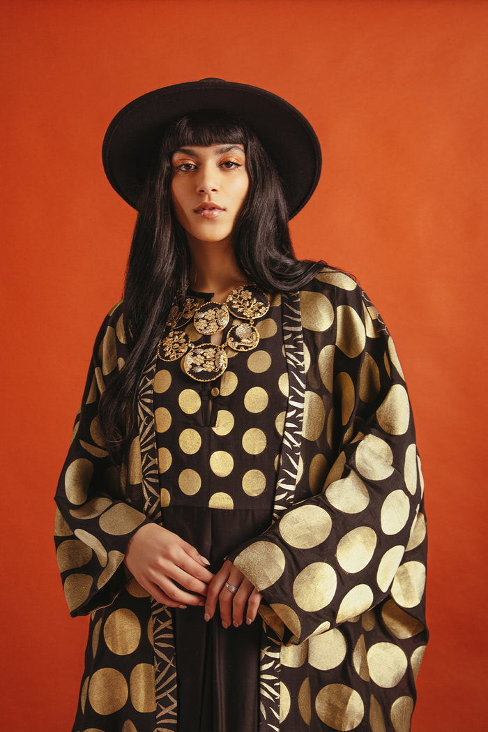 Noujoud Cotton Black & Gold Dots Dress