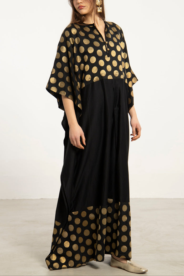 Noujoud Cotton Black & Gold Dots Dress