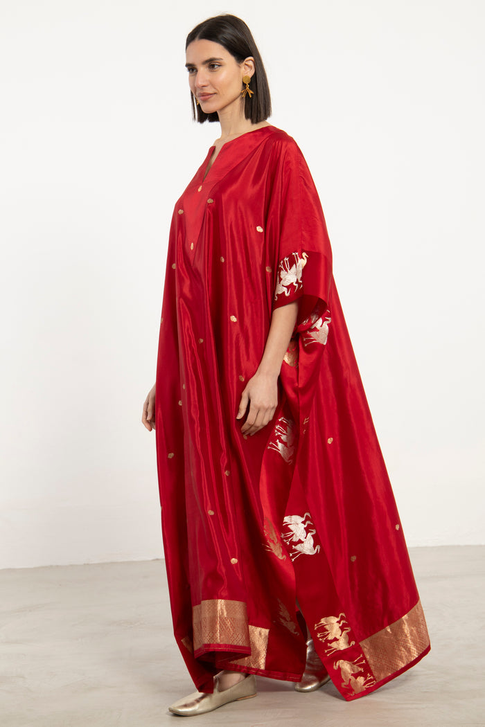 One-Of-a-Kind Tamara Silk Red Birds Kaftan