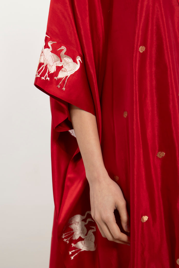 One-Of-a-Kind Tamara Silk Red Birds Kaftan