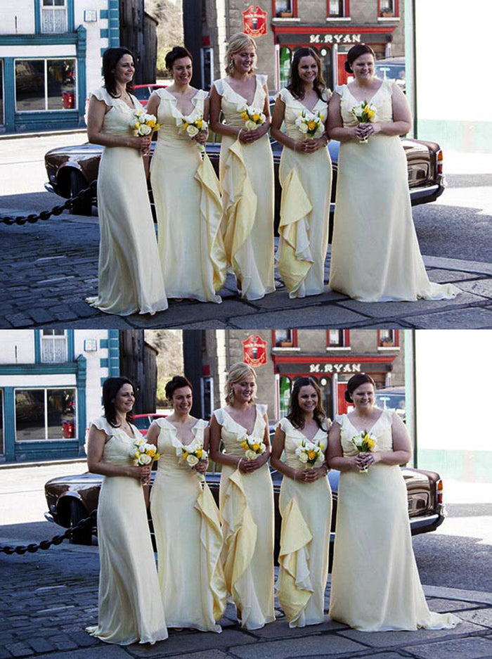 Pastel Yellow Chiffon Cap Sleeve V-neck Elegant Charming Long Column Bridesmaid Dresses. AB1186