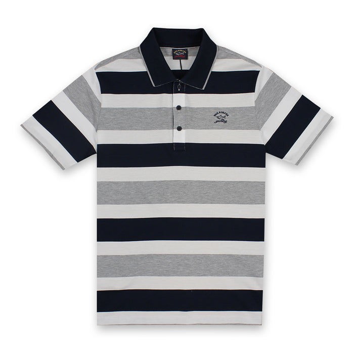 Paul & Shark - Striped Polo Shirt in White Grey & Navy - Nigel Clare