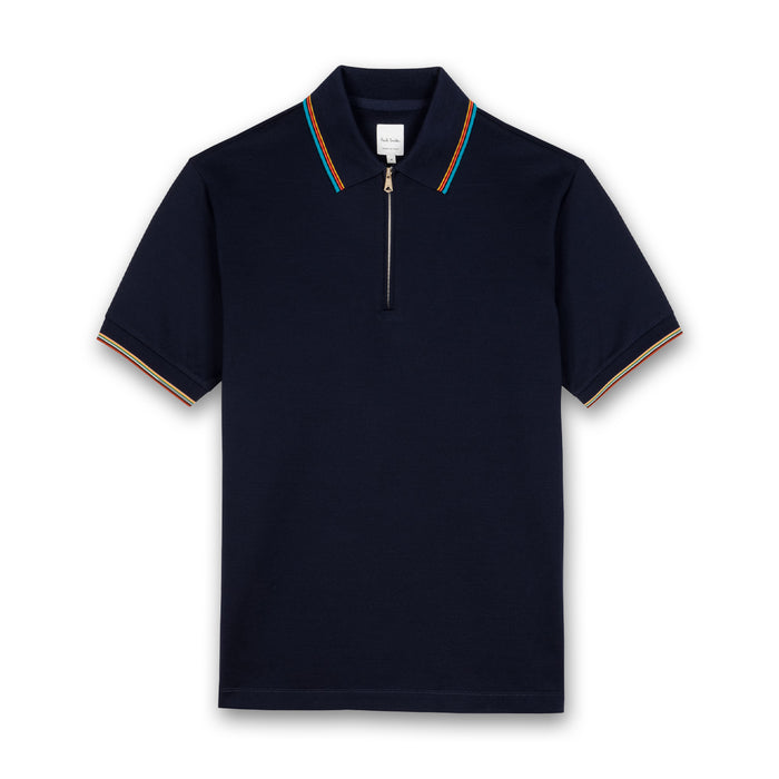 Paul Smith - Cotton 'Signature Stripe' Zip Polo Shirt in Navy - Nigel Clare