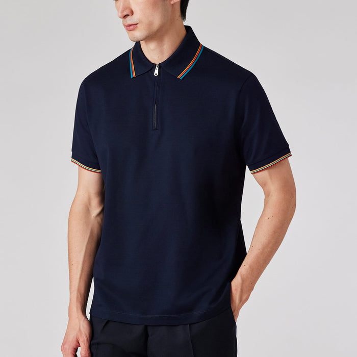 Paul Smith - Cotton 'Signature Stripe' Zip Polo Shirt in Navy - Nigel Clare
