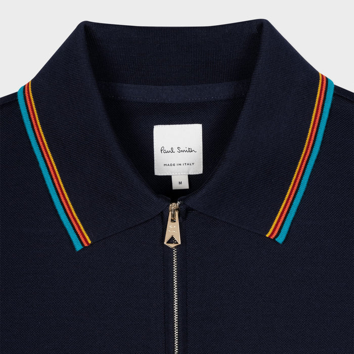Paul Smith - Cotton 'Signature Stripe' Zip Polo Shirt in Navy - Nigel Clare
