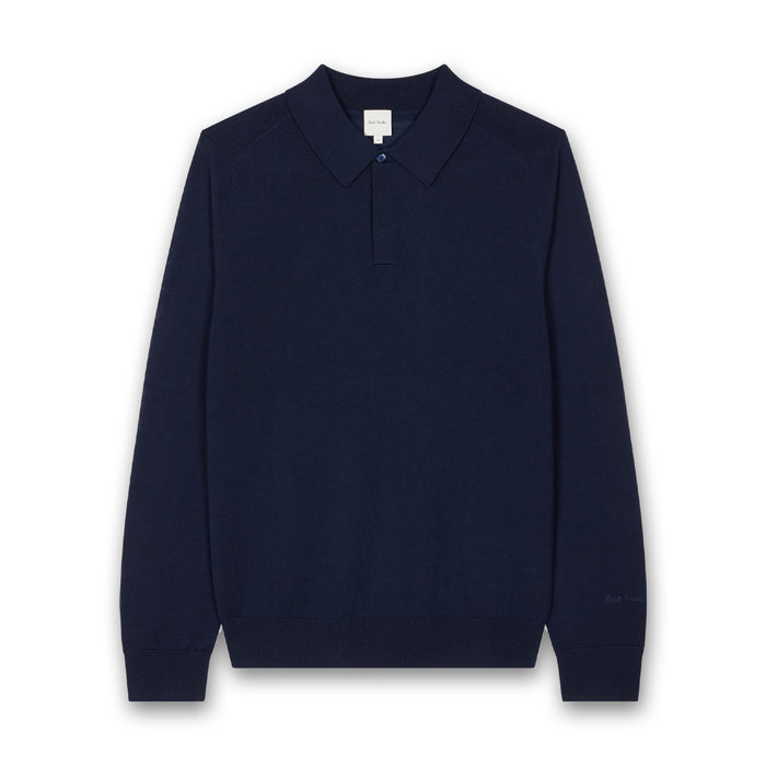Paul Smith - Merino Wool Knitted Long-Sleeve Polo Shirt in Navy - Nigel Clare