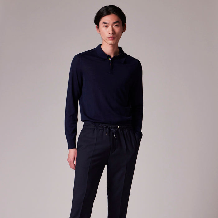 Paul Smith - Merino Wool Knitted Long-Sleeve Polo Shirt in Navy - Nigel Clare
