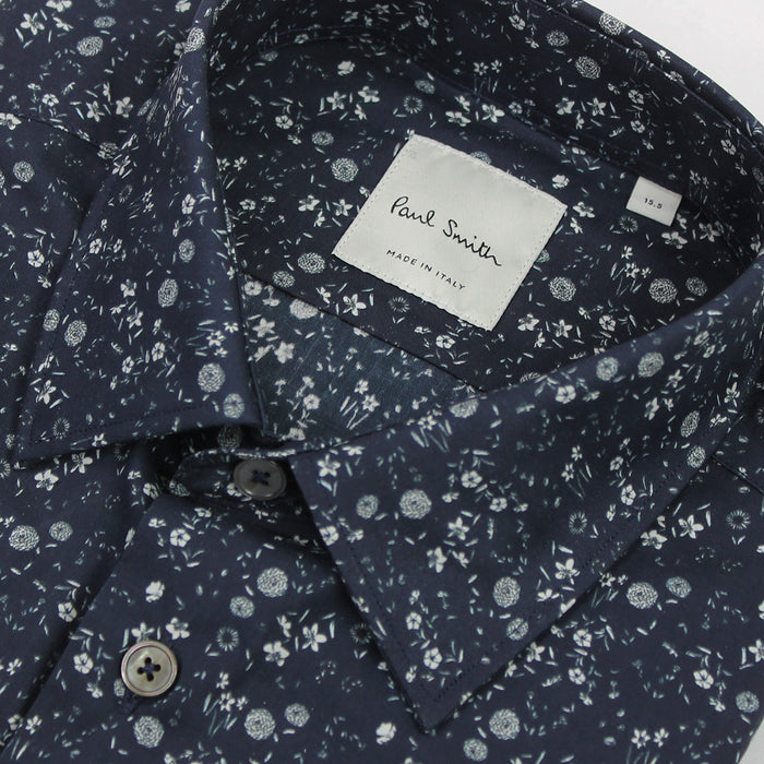 Paul Smith - Tailored 'Artist Stripe' Cuff Floral Shirt in Navy - Nigel Clare