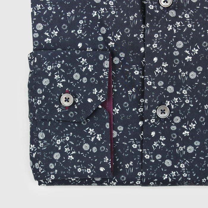 Paul Smith - Tailored 'Artist Stripe' Cuff Floral Shirt in Navy - Nigel Clare