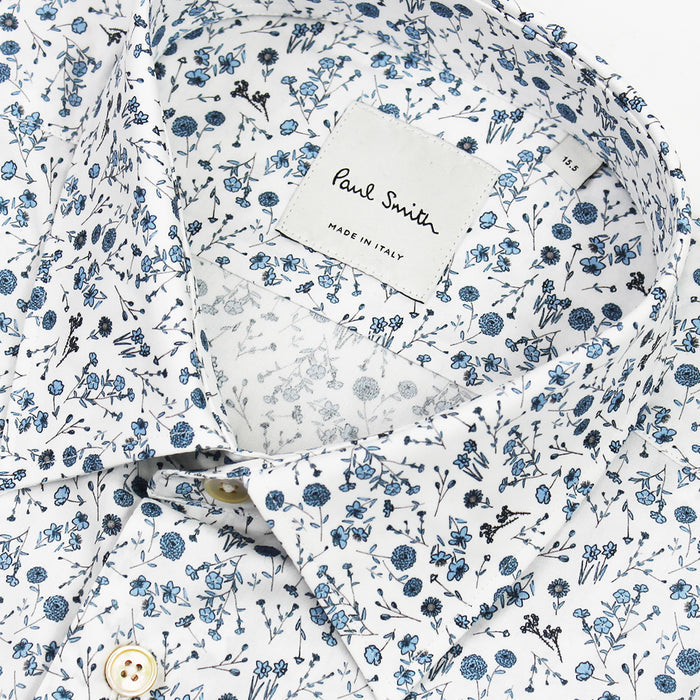 Paul Smith - Tailored 'Artist Stripe' Cuff Floral Shirt in White - Nigel Clare