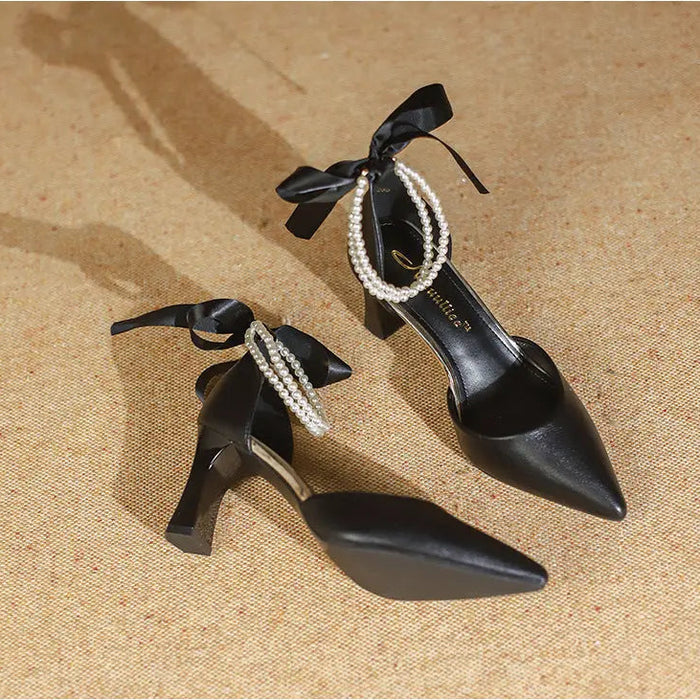 Fashion Pearl Ribbon Bow Heels fashionnsio