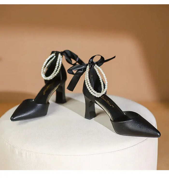 Fashion Pearl Ribbon Bow Heels fashionnsio