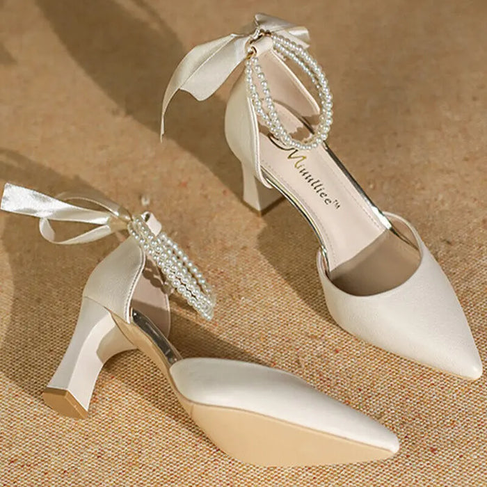Fashion Pearl Ribbon Bow Heels fashionnsio