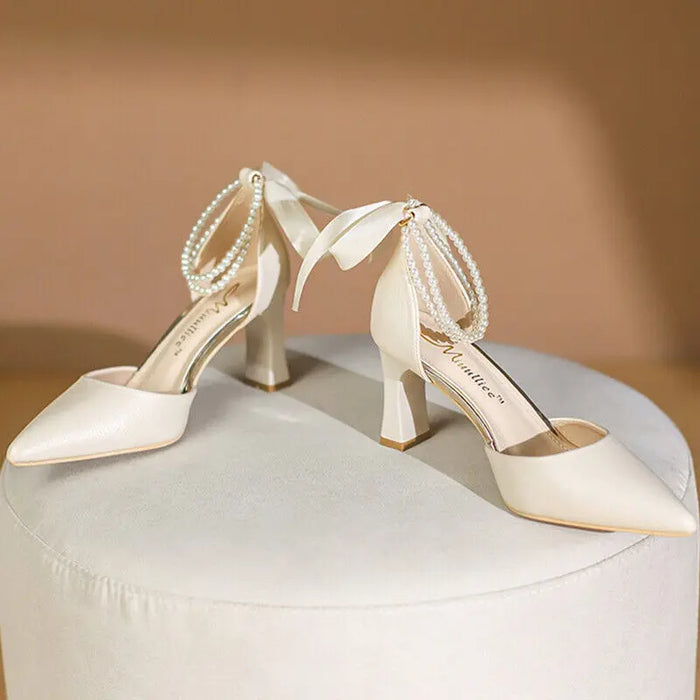 Fashion Pearl Ribbon Bow Heels fashionnsio
