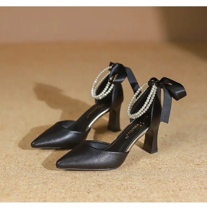Fashion Pearl Ribbon Bow Heels fashionnsio