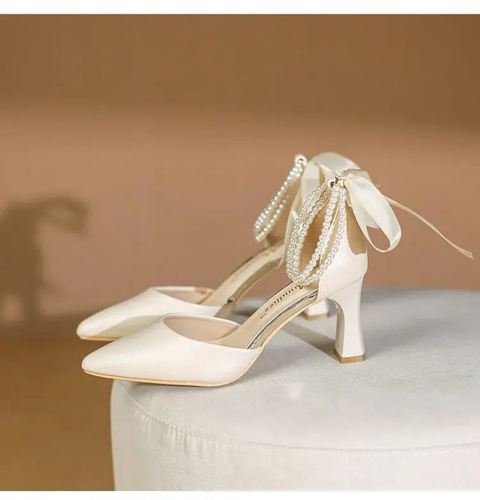 Fashion Pearl Ribbon Bow Heels fashionnsio